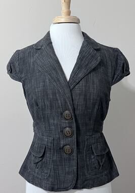 D.F.A New York Y2K Denim Blazer Top Womens M Stretch Cap Sleeve Dark Academia